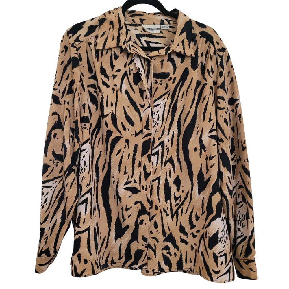 Alfred Dunner Womens 20W Blouse Animal Print Tan Black Long Sleeve Mob Wife